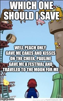 Mario, DK, and Bowser | WHICH ONE SHOULD I SAVE; WELL PEACH ONLY GAVE ME CAKES AND KISSES ON THE CHEEK, PAULINE GAVE ME A FESTIVAL AND TRAVELED TO THE MOON FOR ME | image tagged in mario dk and bowser | made w/ Imgflip meme maker