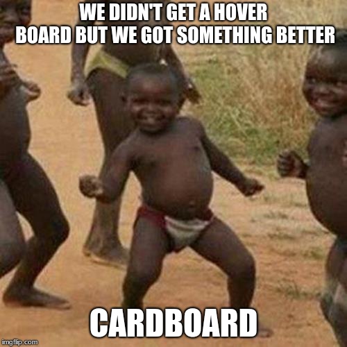 Third world Hoverboards | WE DIDN'T GET A HOVER BOARD BUT WE GOT SOMETHING BETTER; CARDBOARD | image tagged in memes,third world success kid | made w/ Imgflip meme maker