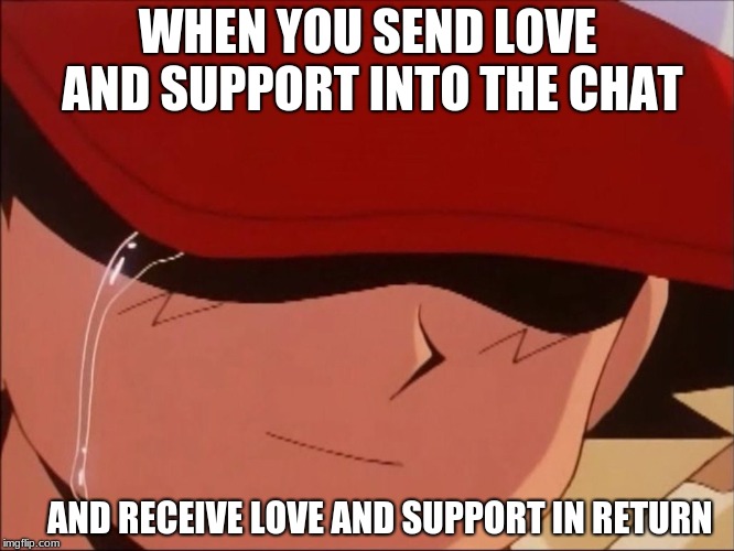 ash crying smiling | WHEN YOU SEND LOVE AND SUPPORT INTO THE CHAT; AND RECEIVE LOVE AND SUPPORT IN RETURN | image tagged in ash crying smiling | made w/ Imgflip meme maker