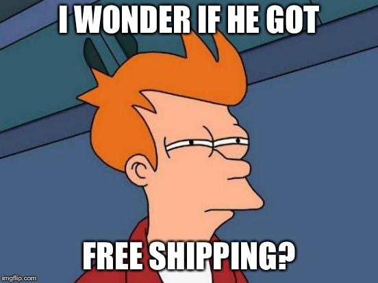 Futurama Fry Meme | I WONDER IF HE GOT FREE SHIPPING? | image tagged in memes,futurama fry | made w/ Imgflip meme maker