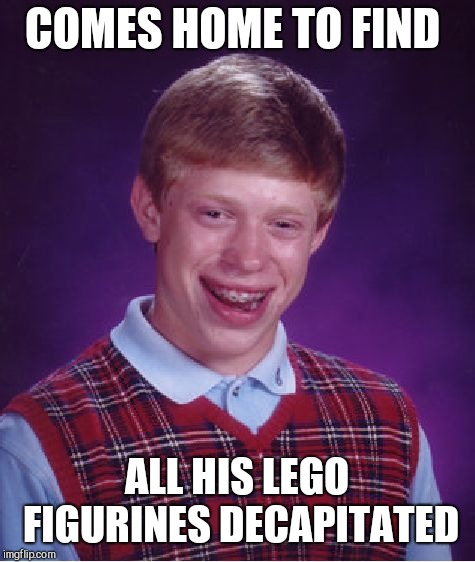 Bad Luck Brian Meme | COMES HOME TO FIND ALL HIS LEGO FIGURINES DECAPITATED | image tagged in memes,bad luck brian | made w/ Imgflip meme maker