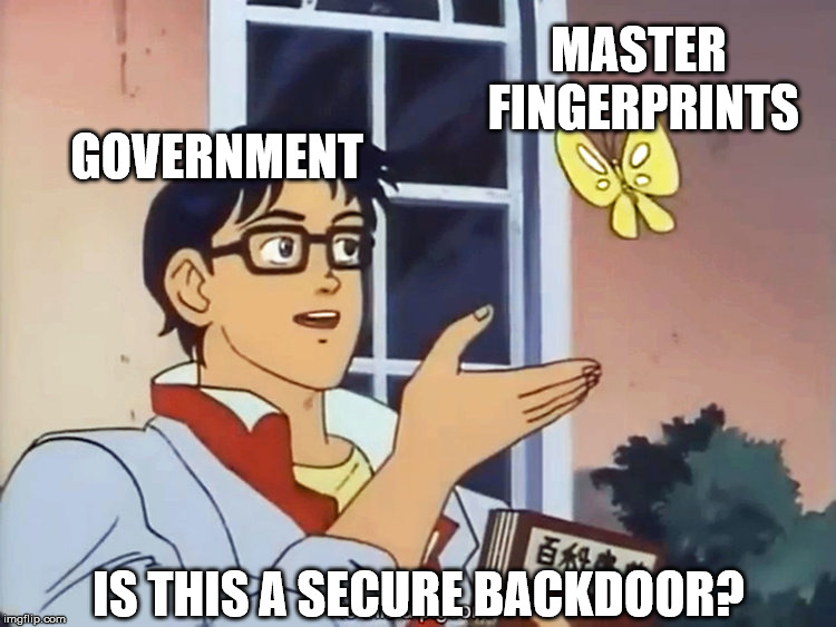 ANIME BUTTERFLY MEME | MASTER FINGERPRINTS; GOVERNMENT; IS THIS A SECURE BACKDOOR? | image tagged in anime butterfly meme | made w/ Imgflip meme maker