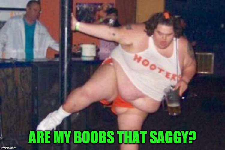 Hooters | ARE MY BOOBS THAT SAGGY? | image tagged in hooters | made w/ Imgflip meme maker