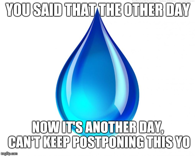 rain drop | YOU SAID THAT THE OTHER DAY NOW IT'S ANOTHER DAY, CAN'T KEEP POSTPONING THIS YO | image tagged in rain drop | made w/ Imgflip meme maker