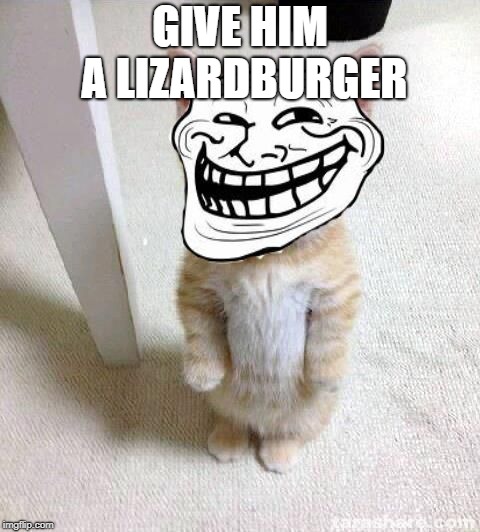 Troll Cat | GIVE HIM A LIZARDBURGER | image tagged in troll cat | made w/ Imgflip meme maker