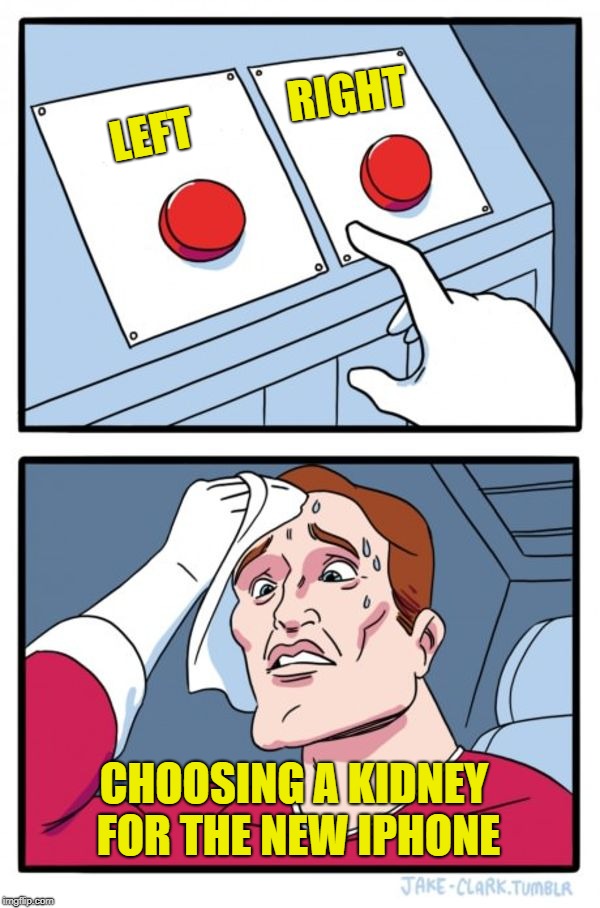 Two Buttons Meme | RIGHT; LEFT; CHOOSING A KIDNEY FOR THE NEW IPHONE | image tagged in memes,two buttons | made w/ Imgflip meme maker