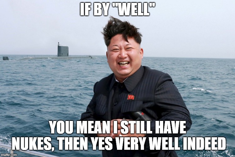 Kim with Sub | IF BY "WELL" YOU MEAN I STILL HAVE NUKES, THEN YES VERY WELL INDEED | image tagged in kim with sub | made w/ Imgflip meme maker