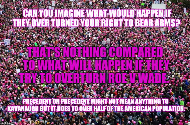 Precedent on Precedent Means Something to Millions Upon MILLIONS of Women. | CAN YOU IMAGINE WHAT WOULD HAPPEN IF THEY OVER TURNED YOUR RIGHT TO BEAR ARMS? THAT'S NOTHING COMPARED TO WHAT WILL HAPPEN IF THEY TRY TO OVERTURN ROE V WADE. PRECEDENT ON PRECEDENT MIGHT NOT MEAN ANYTHING TO KAVANAUGH BUT IT DOES TO OVER HALF OF THE AMERICAN POPULATION. | image tagged in men vs women,supreme court,gun laws,law enforcement,civil war,sexist | made w/ Imgflip meme maker