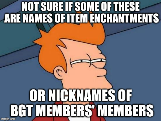 Futurama Fry Meme | NOT SURE IF SOME OF THESE ARE NAMES OF ITEM ENCHANTMENTS; OR NICKNAMES OF BGT MEMBERS' MEMBERS | image tagged in memes,futurama fry | made w/ Imgflip meme maker
