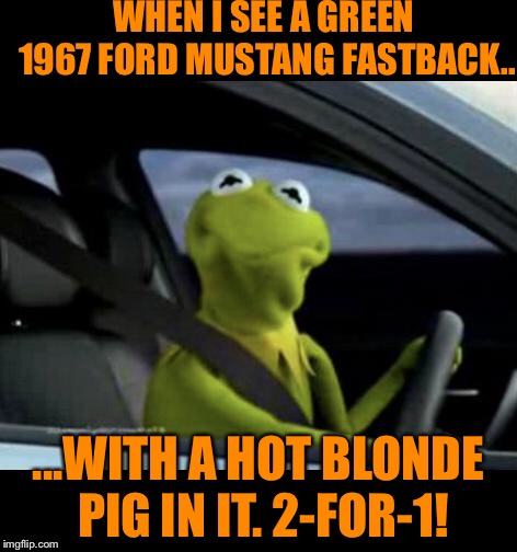 Kermit Driving |  WHEN I SEE A GREEN 1967 FORD MUSTANG FASTBACK.. ...WITH A HOT BLONDE PIG IN IT. 2-FOR-1! | image tagged in kermit driving | made w/ Imgflip meme maker