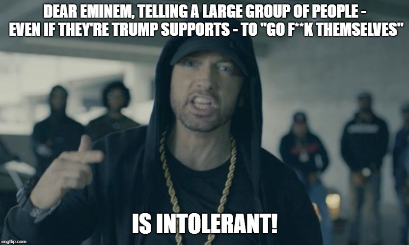 As if we give half a shit what he thinks. | DEAR EMINEM, TELLING A LARGE GROUP OF PEOPLE - EVEN IF THEY'RE TRUMP SUPPORTS - TO "GO F**K THEMSELVES"; IS INTOLERANT! | image tagged in memes,funny,politics,trump,eminem,liberal hypocrisy | made w/ Imgflip meme maker