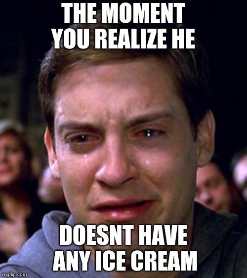THE MOMENT YOU REALIZE HE DOESNT HAVE ANY ICE CREAM | image tagged in toby mcguire tears | made w/ Imgflip meme maker