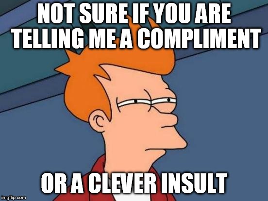 Futurama Fry | NOT SURE IF YOU ARE TELLING ME A COMPLIMENT; OR A CLEVER INSULT | image tagged in memes,futurama fry | made w/ Imgflip meme maker