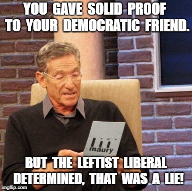 Liberal Logic. | YOU  GAVE  SOLID  PROOF  TO  YOUR  DEMOCRATIC  FRIEND. BUT  THE  LEFTIST  LIBERAL  DETERMINED,  THAT  WAS  A  LIE! | image tagged in smh,dumb | made w/ Imgflip meme maker