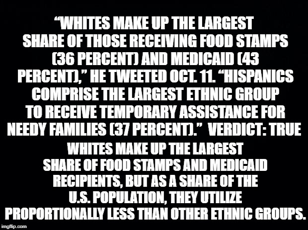 Black background | “WHITES MAKE UP THE LARGEST SHARE OF THOSE RECEIVING FOOD STAMPS (36 PERCENT) AND MEDICAID (43 PERCENT),” HE TWEETED OCT. 11. “HISPANICS COM | image tagged in black background | made w/ Imgflip meme maker