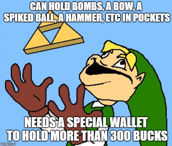 Zelda | CAN HOLD BOMBS, A BOW, A SPIKED BALL, A HAMMER, ETC IN POCKETS; NEEDS A SPECIAL WALLET TO HOLD MORE THAN 300 BUCKS | image tagged in zelda | made w/ Imgflip meme maker