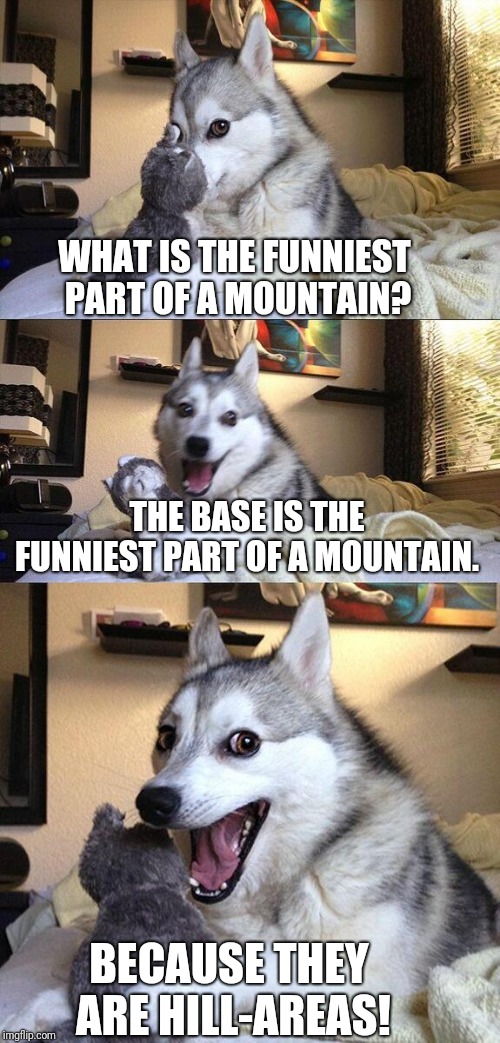 Bad Pun Dog | WHAT IS THE FUNNIEST PART OF A MOUNTAIN? THE BASE IS THE FUNNIEST PART OF A MOUNTAIN. BECAUSE THEY ARE HILL-AREAS! | image tagged in memes,bad pun dog | made w/ Imgflip meme maker