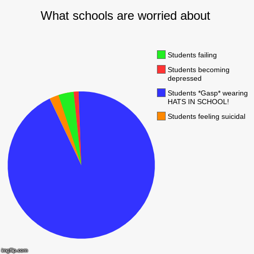 What schools are worried about | Students feeling suicidal, Students *Gasp* wearing HATS IN SCHOOL!, Students becoming depressed, Students f | image tagged in funny,pie charts | made w/ Imgflip chart maker