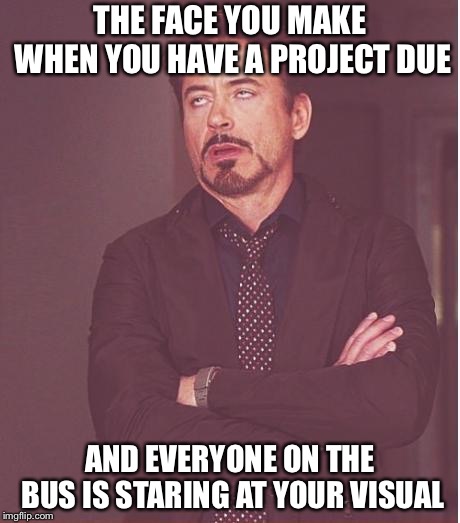 It’s so annoying though  | THE FACE YOU MAKE WHEN YOU HAVE A PROJECT DUE; AND EVERYONE ON THE BUS IS STARING AT YOUR VISUAL | image tagged in memes,face you make robert downey jr | made w/ Imgflip meme maker