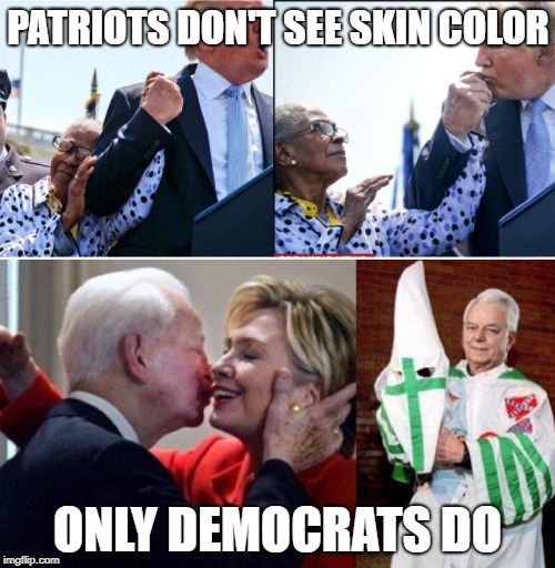 Patriots Don't See Skin Color | PATRIOTS DON'T SEE SKIN COLOR; ONLY DEMOCRATS DO | image tagged in trump,maga,racism,hillary clinton,democrats | made w/ Imgflip meme maker