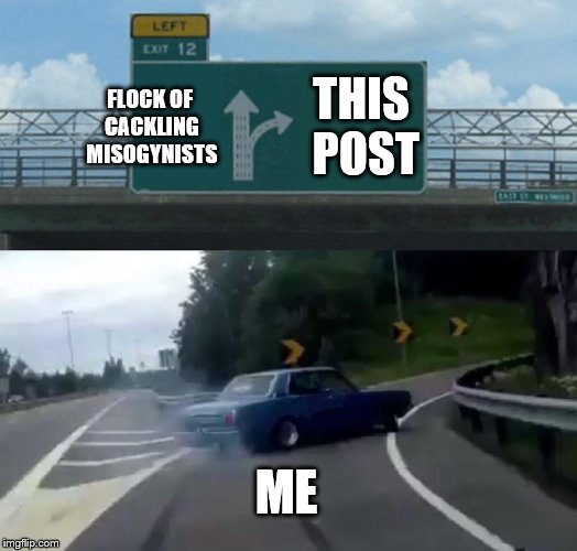 Left Exit 12 Off Ramp Meme | FLOCK OF CACKLING MISOGYNISTS THIS POST ME | image tagged in memes,left exit 12 off ramp | made w/ Imgflip meme maker