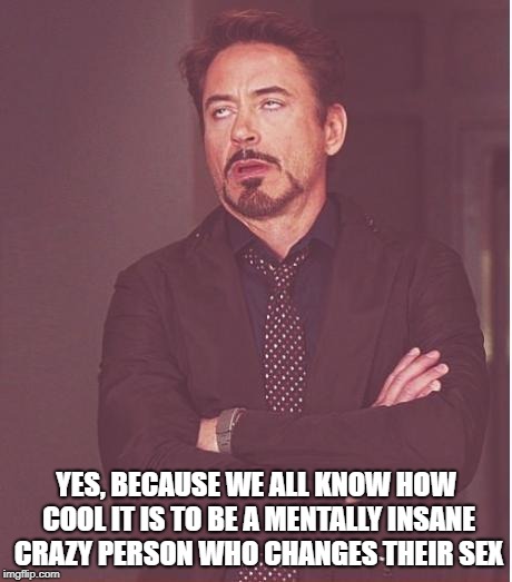 Face You Make Robert Downey Jr Meme | YES, BECAUSE WE ALL KNOW HOW COOL IT IS TO BE A MENTALLY INSANE CRAZY PERSON WHO CHANGES THEIR SEX | image tagged in memes,face you make robert downey jr | made w/ Imgflip meme maker