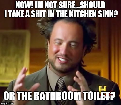 Ancient Aliens Meme | NOW! IM NOT SURE...SHOULD I TAKE A SHIT IN THE KITCHEN SINK? OR THE BATHROOM TOILET? | image tagged in memes,ancient aliens | made w/ Imgflip meme maker