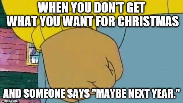 maybe next year | WHEN YOU DON'T GET WHAT YOU WANT FOR CHRISTMAS; AND SOMEONE SAYS "MAYBE NEXT YEAR." | image tagged in memes,arthur fist | made w/ Imgflip meme maker