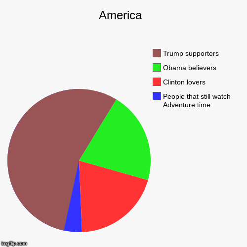 America  | People that still watch Adventure time, Clinton lovers, Obama believers, Trump supporters | image tagged in funny,pie charts | made w/ Imgflip chart maker