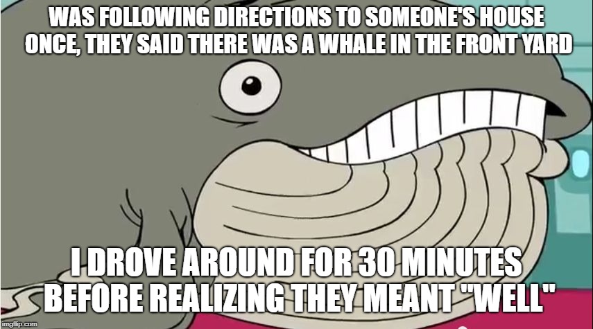 rescue whale | WAS FOLLOWING DIRECTIONS TO SOMEONE'S HOUSE ONCE, THEY SAID THERE WAS A WHALE IN THE FRONT YARD I DROVE AROUND FOR 30 MINUTES BEFORE REALIZI | image tagged in rescue whale | made w/ Imgflip meme maker