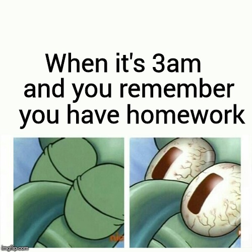 Squidward sleep | When it's 3am; and you remember you have homework | image tagged in squidward sleep | made w/ Imgflip meme maker