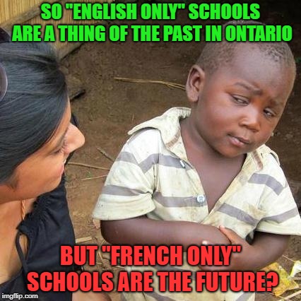 French supremacists are back | SO "ENGLISH ONLY" SCHOOLS ARE A THING OF THE PAST IN ONTARIO; BUT "FRENCH ONLY" SCHOOLS ARE THE FUTURE? | image tagged in ontario,meanwhile in canada,french,english only,liberal hypocrisy,stupid liberals | made w/ Imgflip meme maker
