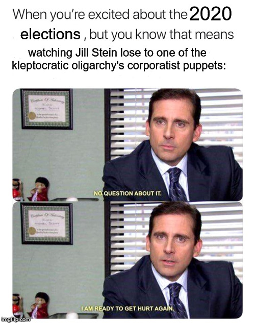 2020; elections; watching Jill Stein lose to one of the kleptocratic oligarchy's corporatist puppets: | image tagged in election 2020,green party,jill stein,the office | made w/ Imgflip meme maker