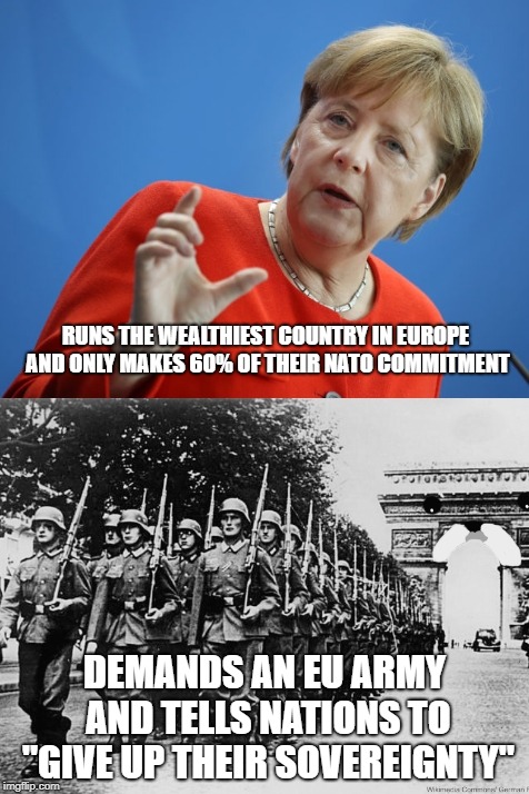 Markel the Nazi | RUNS THE WEALTHIEST COUNTRY IN EUROPE AND ONLY MAKES 60% OF THEIR NATO COMMITMENT; DEMANDS AN EU ARMY AND TELLS NATIONS TO "GIVE UP THEIR SOVEREIGNTY" | image tagged in markel the nazi | made w/ Imgflip meme maker