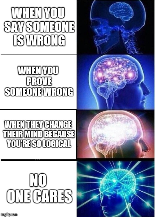 Expanding Brain | WHEN YOU SAY SOMEONE IS WRONG; WHEN YOU PROVE SOMEONE WRONG; WHEN THEY CHANGE THEIR MIND BECAUSE YOU'RE SO LOGICAL; NO ONE CARES | image tagged in memes,expanding brain | made w/ Imgflip meme maker