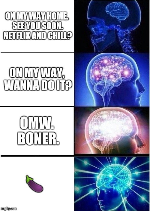 Expanding Brain | ON MY WAY HOME. SEE YOU SOON. NETFLIX AND CHILL? ON MY WAY, WANNA DO IT? OMW. BONER. 🍆 | image tagged in memes,expanding brain | made w/ Imgflip meme maker