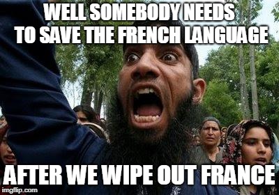 Angry Muslim | WELL SOMEBODY NEEDS TO SAVE THE FRENCH LANGUAGE AFTER WE WIPE OUT FRANCE | image tagged in angry muslim | made w/ Imgflip meme maker