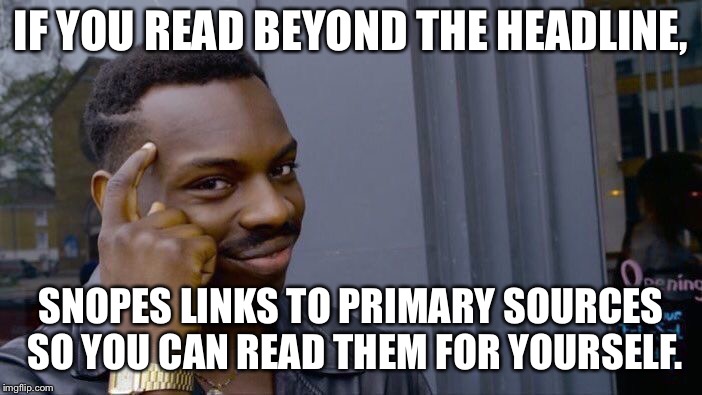 Roll Safe Think About It Meme | IF YOU READ BEYOND THE HEADLINE, SNOPES LINKS TO PRIMARY SOURCES SO YOU CAN READ THEM FOR YOURSELF. | image tagged in memes,roll safe think about it | made w/ Imgflip meme maker