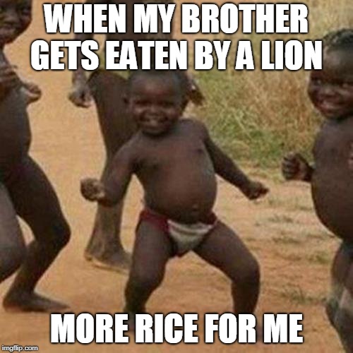 Third World Success Kid Meme | WHEN MY BROTHER GETS EATEN BY A LION; MORE RICE FOR ME | image tagged in memes,third world success kid | made w/ Imgflip meme maker