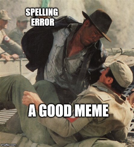 Indiana Jones Punching Nazis | SPELLING ERROR; A GOOD MEME | image tagged in indiana jones punching nazis | made w/ Imgflip meme maker