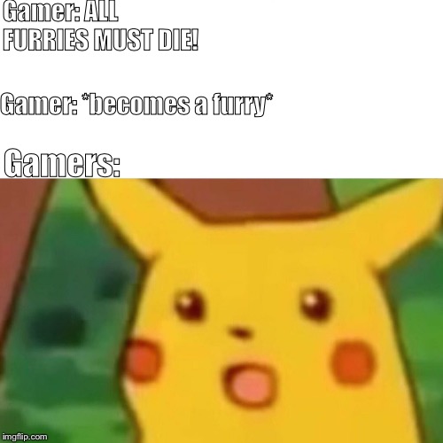 Surprised Pikachu Meme | Gamer: ALL FURRIES MUST DIE! Gamer: *becomes a furry*; Gamers: | image tagged in memes,surprised pikachu | made w/ Imgflip meme maker