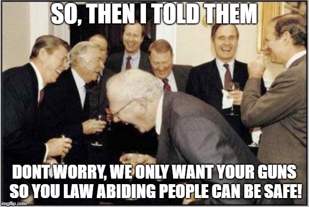 Politicians Laughing | SO, THEN I TOLD THEM; DONT WORRY, WE ONLY WANT YOUR GUNS SO YOU LAW ABIDING PEOPLE CAN BE SAFE! | image tagged in politicians laughing | made w/ Imgflip meme maker