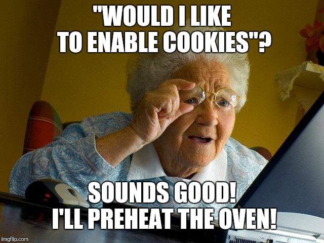 Grandma Finds The Internet Meme | "WOULD I LIKE TO ENABLE COOKIES"? SOUNDS GOOD! I'LL PREHEAT THE OVEN! | image tagged in memes,grandma finds the internet | made w/ Imgflip meme maker