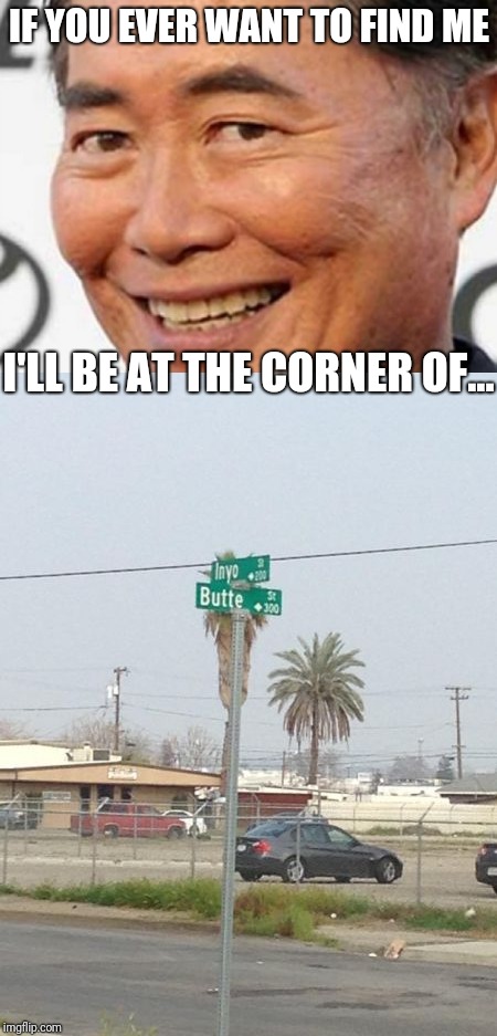 George wants to be found |  IF YOU EVER WANT TO FIND ME; I'LL BE AT THE CORNER OF... | image tagged in george takei,funny street signs,funny signs | made w/ Imgflip meme maker