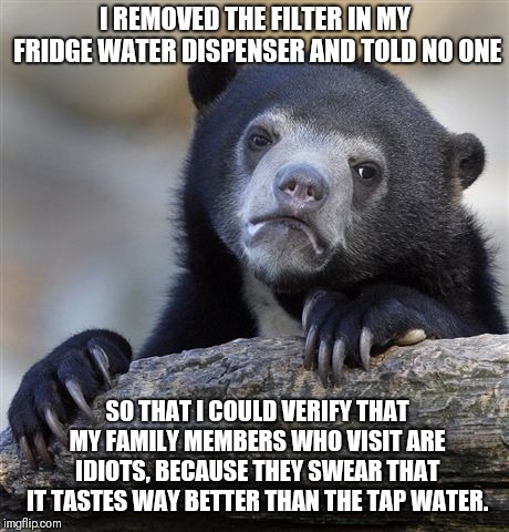 Confession Bear Meme | I REMOVED THE FILTER IN MY FRIDGE WATER DISPENSER AND TOLD NO ONE; SO THAT I COULD VERIFY THAT MY FAMILY MEMBERS WHO VISIT ARE IDIOTS, BECAUSE THEY SWEAR THAT IT TASTES WAY BETTER THAN THE TAP WATER. | image tagged in memes,confession bear,AdviceAnimals | made w/ Imgflip meme maker