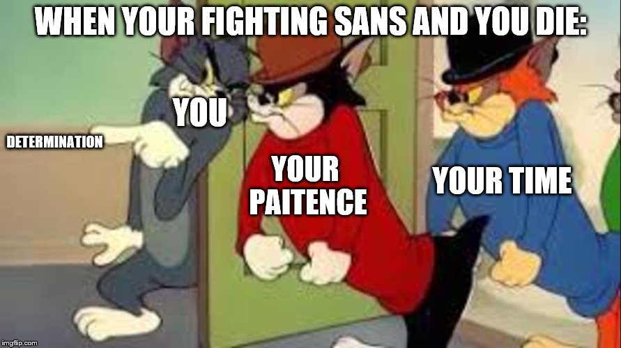 Tom and Jerry Goons | WHEN YOUR FIGHTING SANS AND YOU DIE:; YOU; DETERMINATION; YOUR TIME; YOUR PAITENCE | image tagged in tom and jerry goons | made w/ Imgflip meme maker