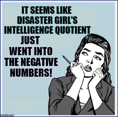 IT SEEMS LIKE DISASTER GIRL'S INTELLIGENCE QUOTIENT JUST WENT INTO THE NEGATIVE NUMBERS! | made w/ Imgflip meme maker