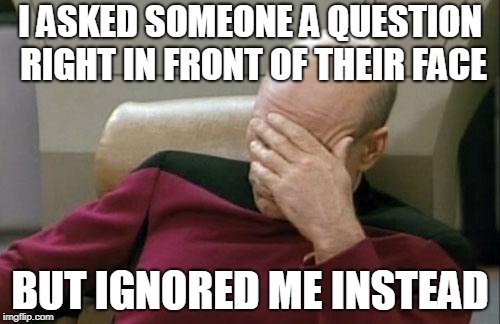What did i do wrong? | I ASKED SOMEONE A QUESTION RIGHT IN FRONT OF THEIR FACE; BUT IGNORED ME INSTEAD | image tagged in memes,captain picard facepalm,ignore,questions | made w/ Imgflip meme maker