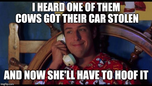 Waterboy Gossip | I HEARD ONE OF THEM COWS GOT THEIR CAR STOLEN AND NOW SHE'LL HAVE TO HOOF IT | image tagged in waterboy gossip | made w/ Imgflip meme maker