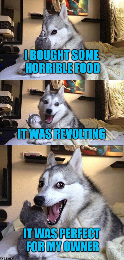 Bad Pun Dog | I BOUGHT SOME HORRIBLE FOOD; IT WAS REVOLTING; IT WAS PERFECT FOR MY OWNER | image tagged in memes,bad pun dog | made w/ Imgflip meme maker